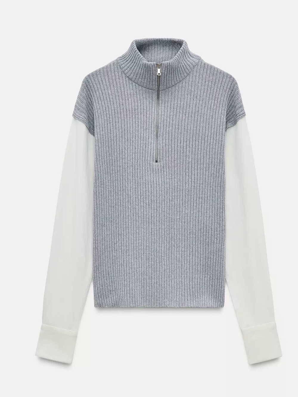 Zara Ribbed Half‑Zip Crewneck Sweater in Light Gray and White